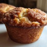 A close-up of a freshly baked Rhubarb Muffin with Cinnamon Sugar Topping, showing a glistening, sugary crust.