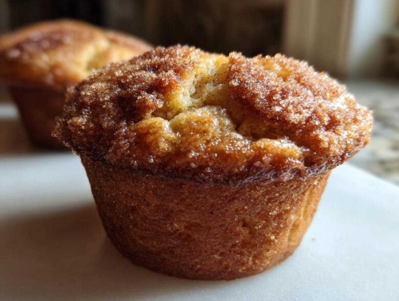 A close-up of a freshly baked Rhubarb Muffin with Cinnamon Sugar Topping, showing a glistening, sugary crust.