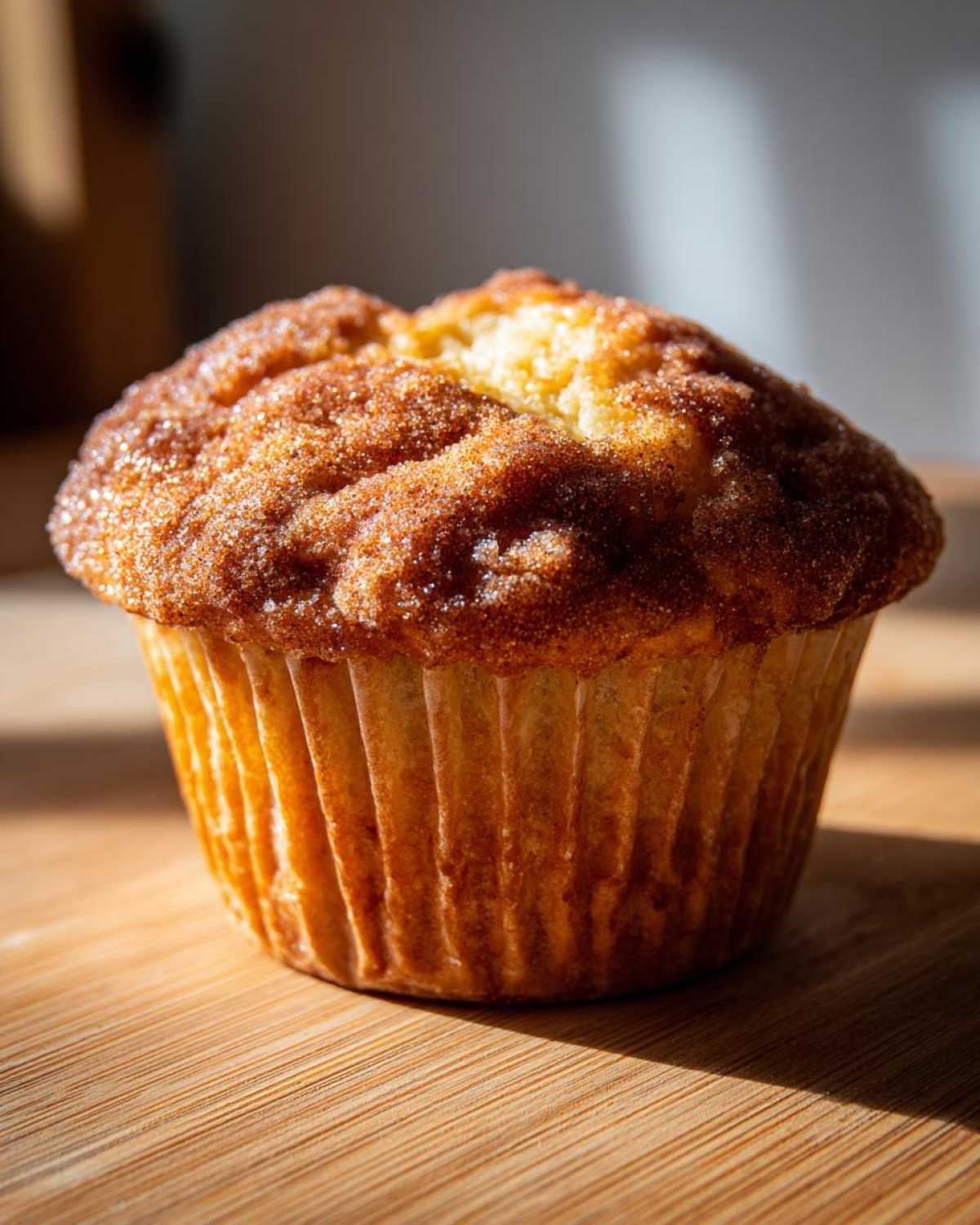 A single, perfectly baked Rhubarb Muffin with Cinnamon Sugar Topping sitting on a wooden surface, highlighted by sunlight.