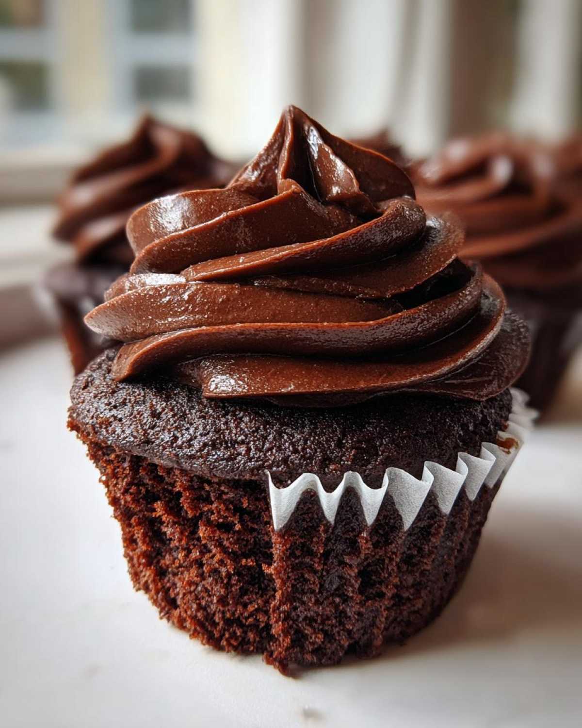 Close-up of a moist chocolate cupcake topped with perfectly piped, glossy Chocolate Cupcakes Frosting.