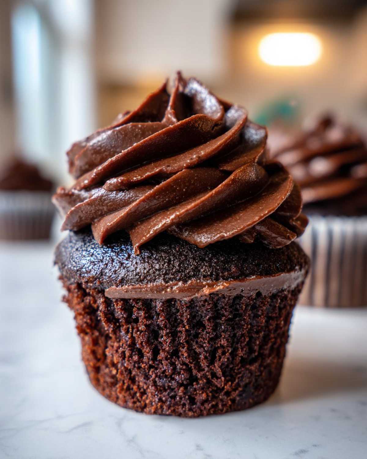 A close-up of a moist chocolate cupcake topped with perfectly piped, rich Chocolate Cupcakes Frosting.