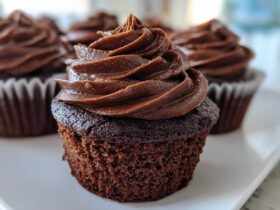 Close-up of a decadent chocolate cupcake topped with perfectly swirled chocolate Chocolate Cupcakes Frosting.