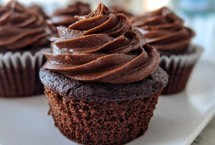 Close-up of a decadent chocolate cupcake topped with perfectly swirled chocolate Chocolate Cupcakes Frosting.