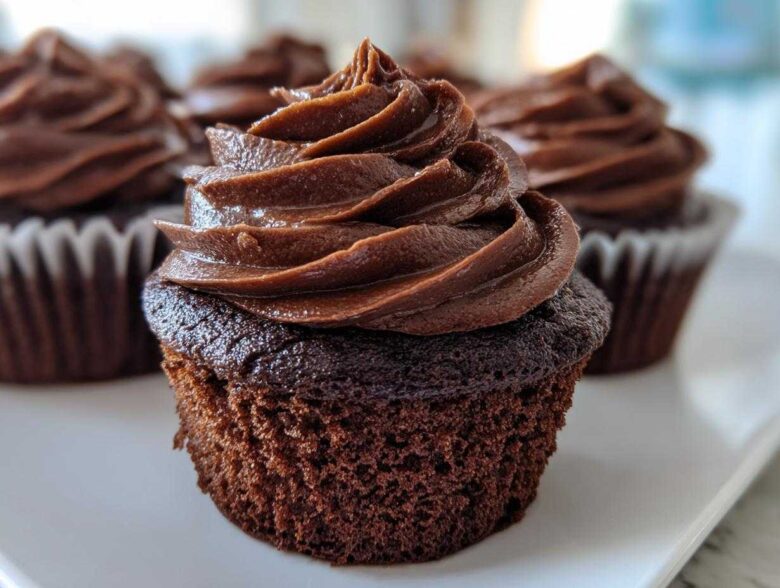 Close-up of a decadent chocolate cupcake topped with perfectly swirled chocolate Chocolate Cupcakes Frosting.