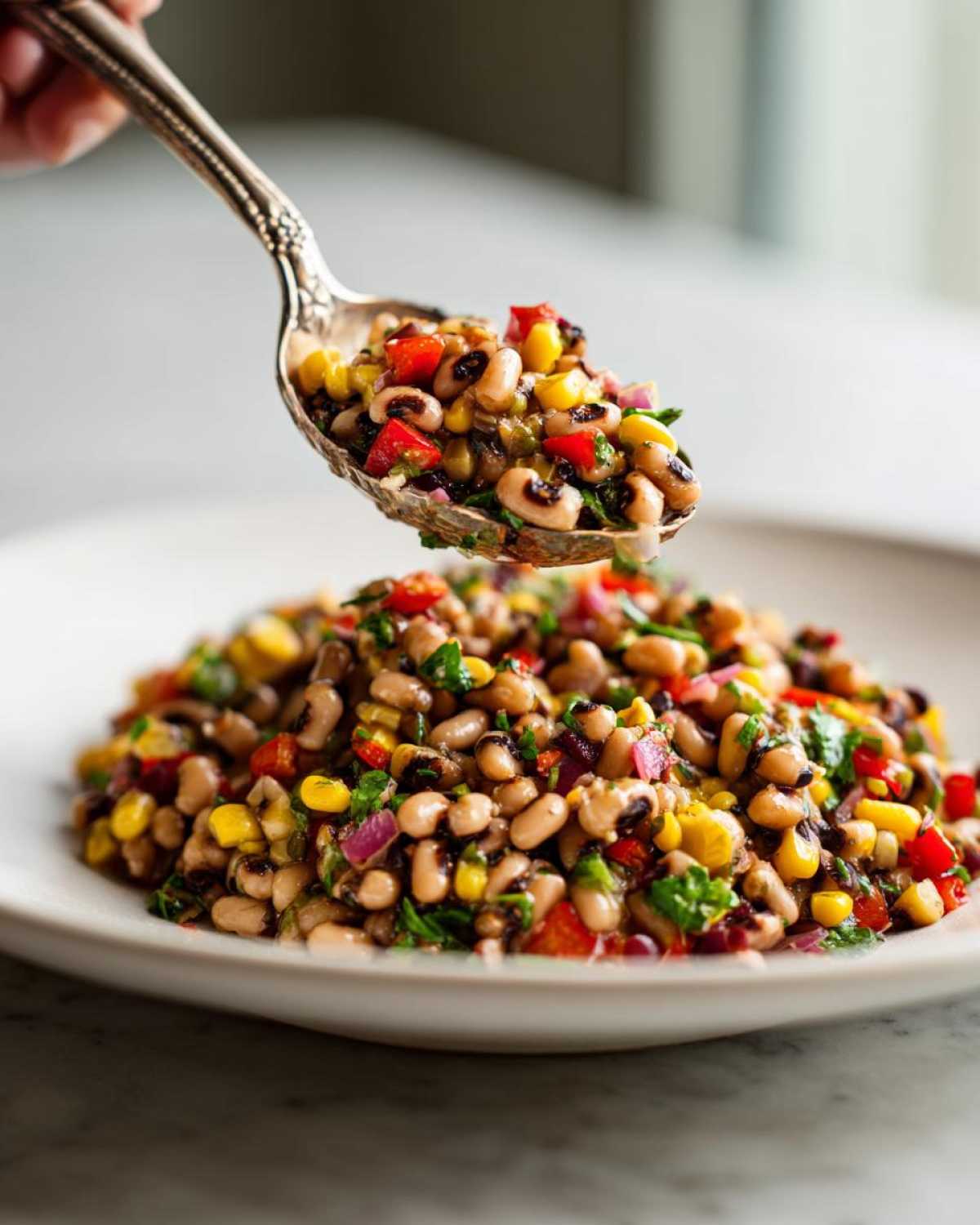 A silver spoon lifts a scoop of vibrant Cowboy Caviar, featuring black-eyed peas, corn, and peppers, over a full plate of the dip.