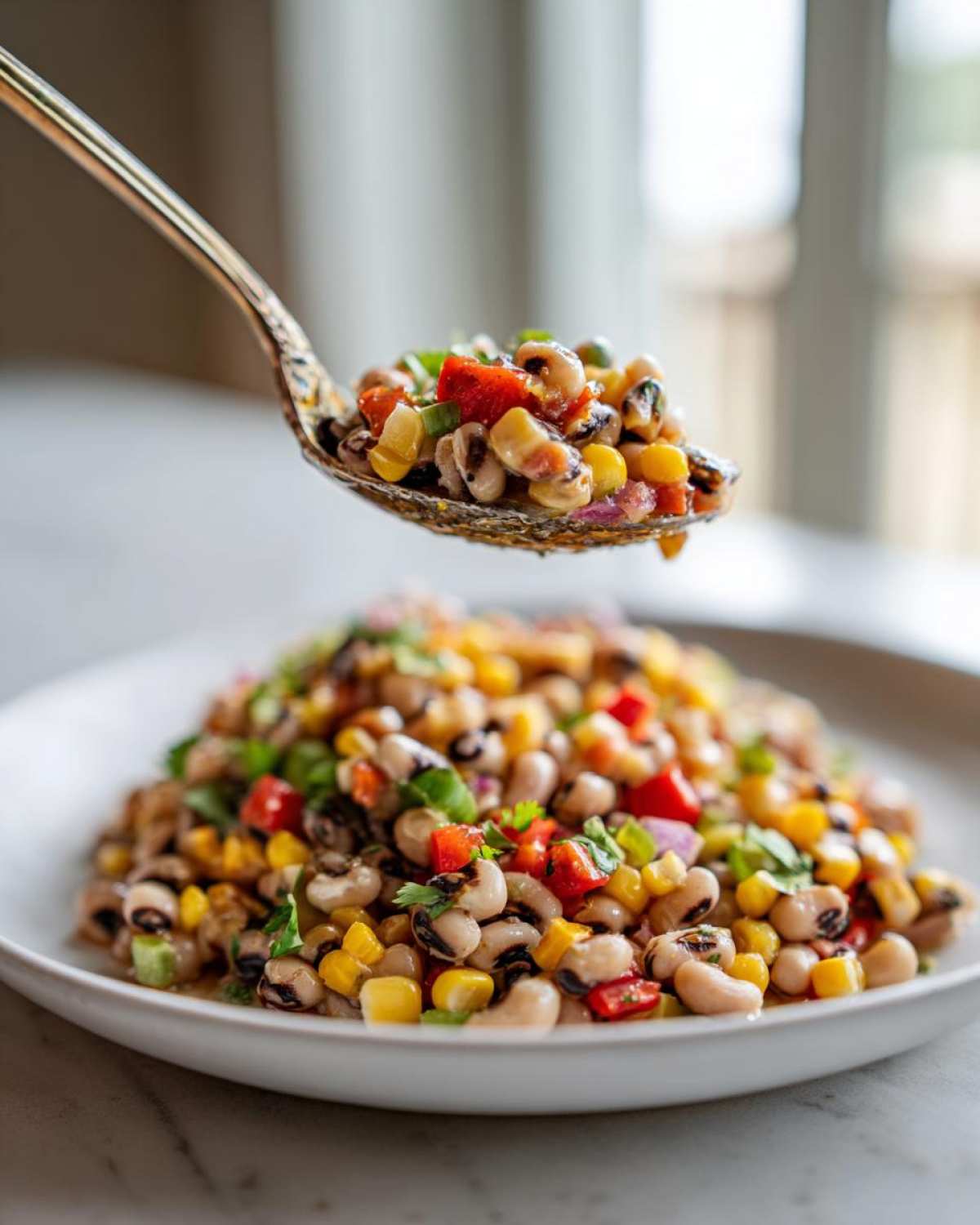 A spoonful of colorful Cowboy Caviar, featuring black-eyed peas, corn, and peppers, being lifted above a white plate of the dip.