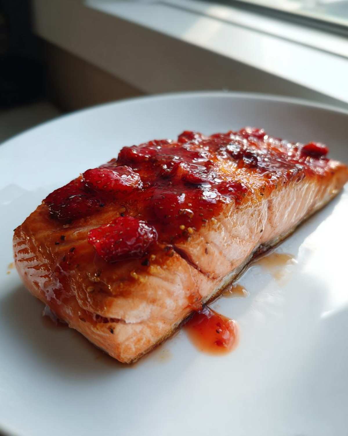 Close-up of a perfectly cooked fillet of Strawberry Balsamic Glazed Salmon topped with a rich, chunky strawberry glaze.