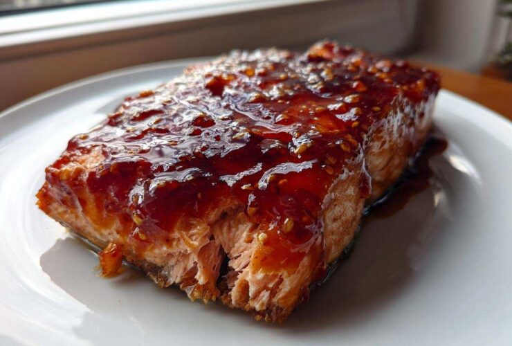 Close-up of a perfectly cooked fillet of Strawberry Balsamic Glazed Salmon covered in a thick, shiny, dark red glaze.