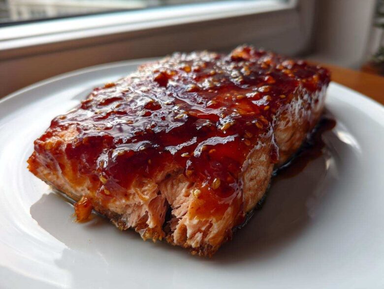 Close-up of a perfectly cooked fillet of Strawberry Balsamic Glazed Salmon covered in a thick, shiny, dark red glaze.