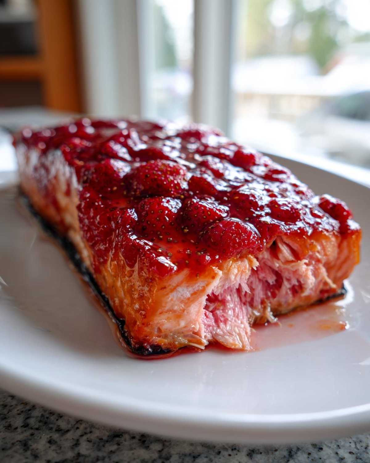 Close-up of Strawberry Balsamic Glazed Salmon showing the flaky, cooked interior texture.