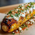 Close-up of grilled Street-Style Mexican Corn on the Cob loaded with creamy sauce, cotija cheese, chili powder, and cilantro.