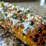 Close-up of grilled Street-Style Mexican Corn on the Cob covered in crema, cotija cheese, chili powder, and cilantro.