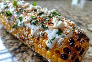Close-up of grilled Street-Style Mexican Corn on the Cob covered in crema, cotija cheese, chili powder, and cilantro.