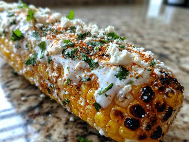 Close-up of grilled Street-Style Mexican Corn on the Cob covered in crema, cotija cheese, chili powder, and cilantro.