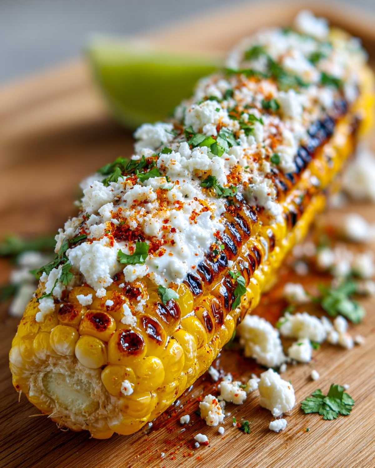 Close-up of grilled Street-Style Mexican Corn on the Cob topped with cotija cheese, chili powder, and cilantro.