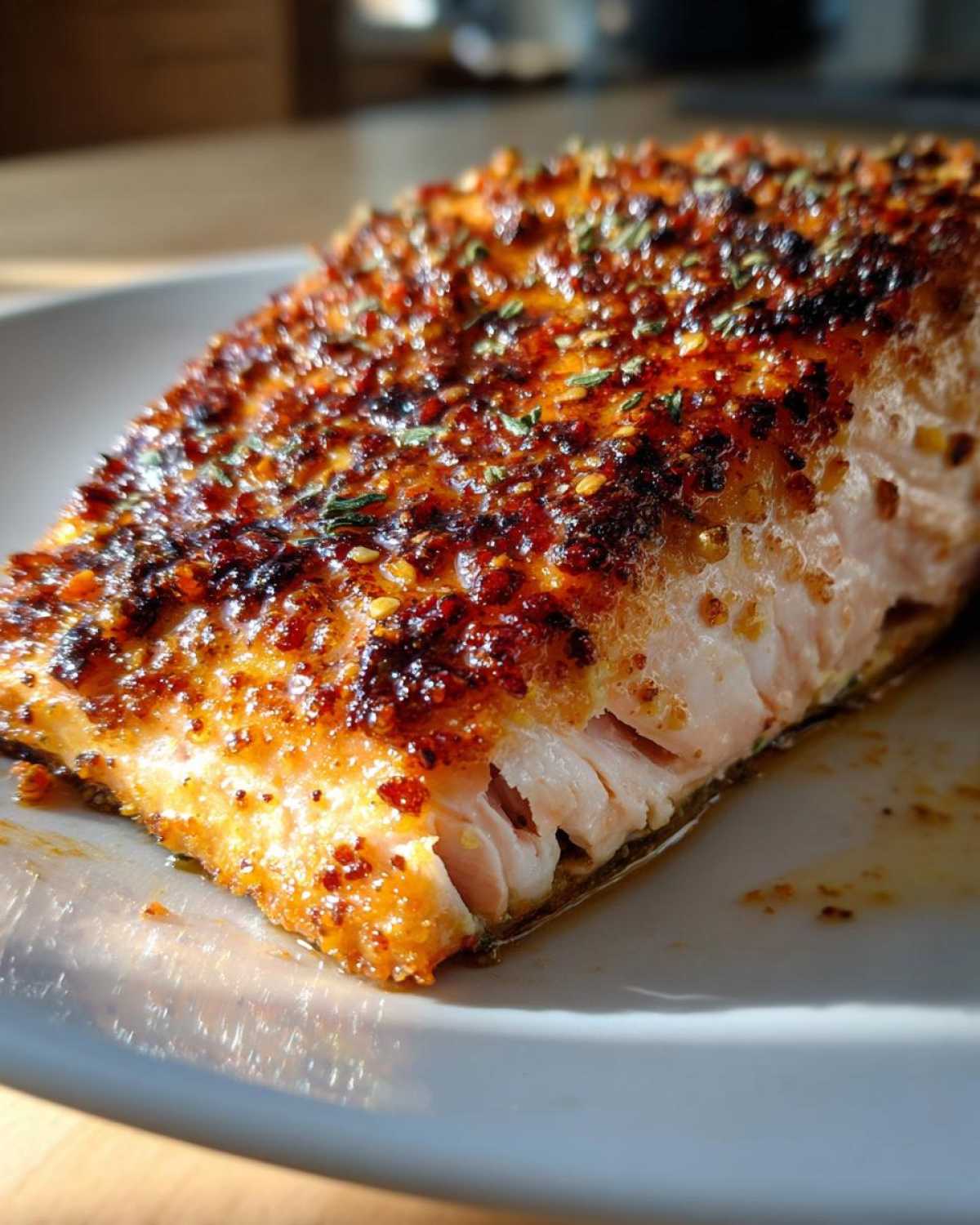 Close-up of a flaky, moist fillet of Texas Roadhouse Style Baked Salmon with a caramelized, seasoned crust.