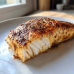 Close-up of a flaky, perfectly cooked piece of Texas Roadhouse Style Baked Salmon with a rich, dark seasoning crust.