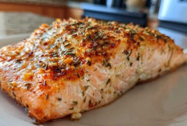 Close-up of a juicy, seasoned fillet of Texas Roadhouse Style Baked Salmon on a white plate.