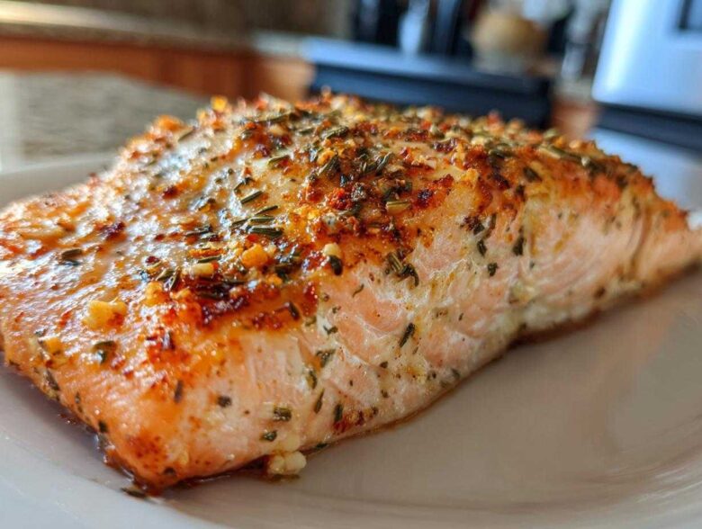 Close-up of a juicy, seasoned fillet of Texas Roadhouse Style Baked Salmon on a white plate.