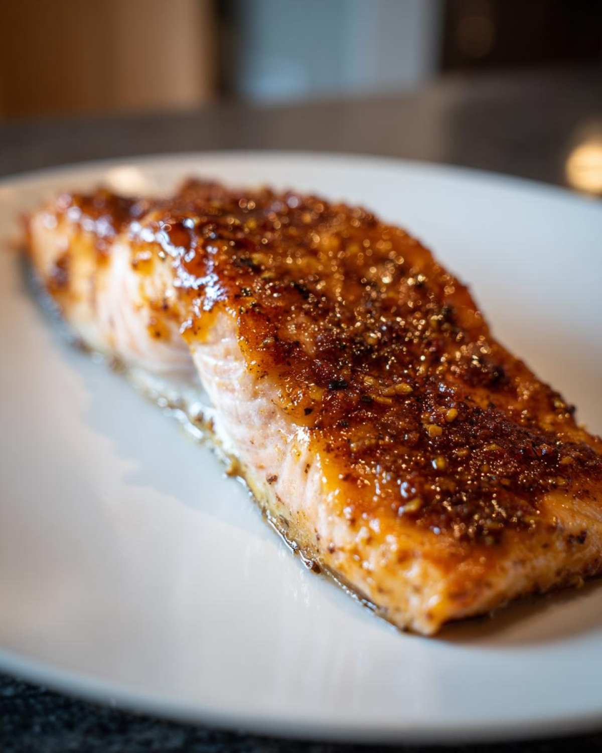 Close-up of a perfectly baked Texas Roadhouse Style Baked Salmon fillet with a rich, savory glaze.